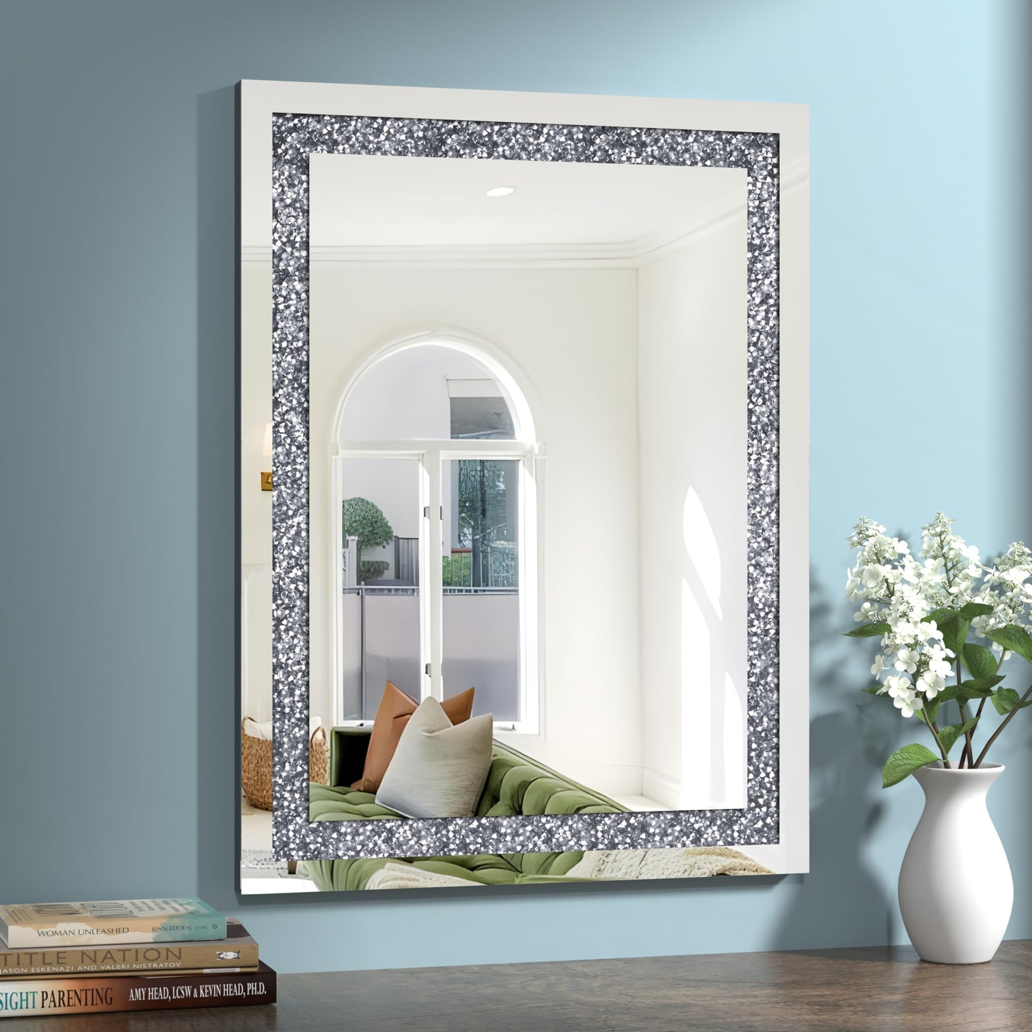 GOAND Crystal Crush Diamond Mirror- 24"x32" Silver Mirror, Gorgeous Wall Mirror, Rectangle Mirrors for Wall Bathroom, Bedroom, Dining Room and Living Room