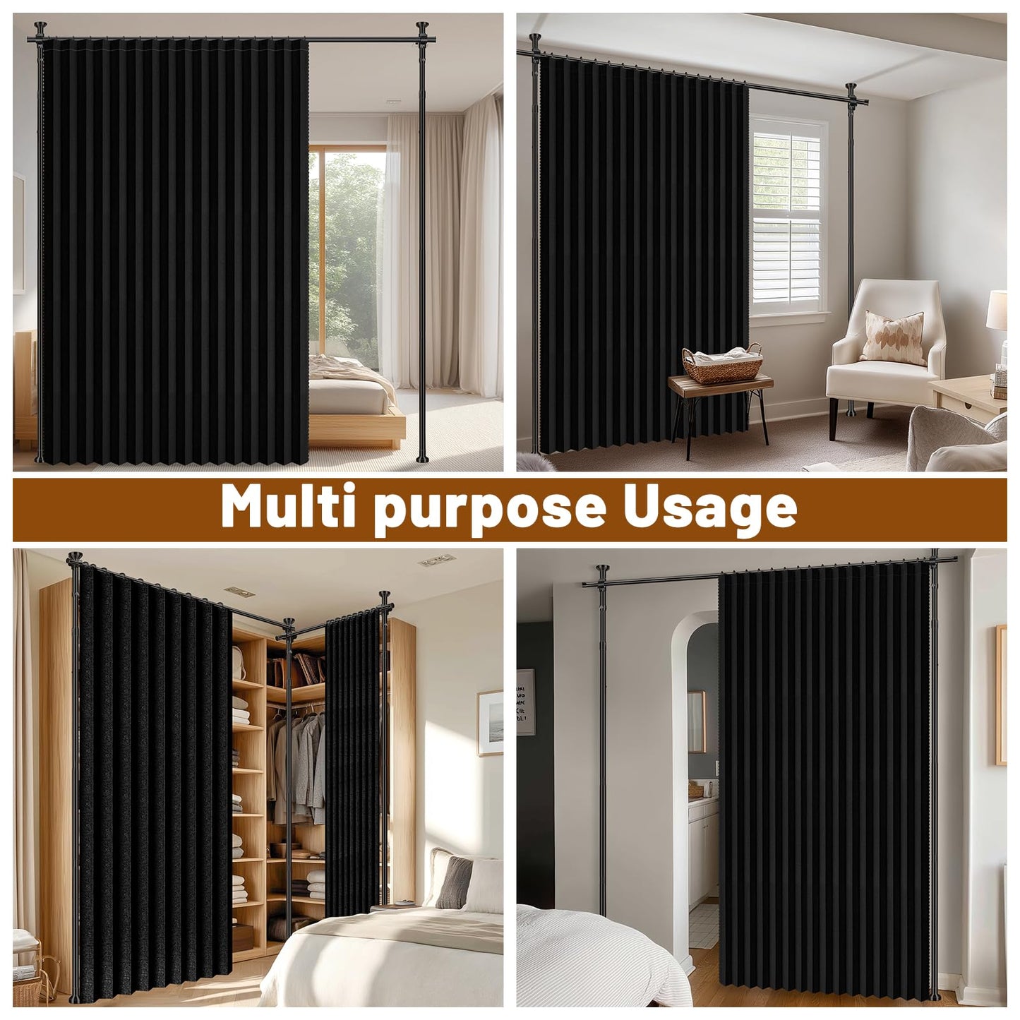 100% Blackout Room Divider Curtains Sets Black 2 Panels W100 x L84in No Drill Curtain Rods(H) 43-120×(W) 35-200 in for Studio Apartment Dorm Office
