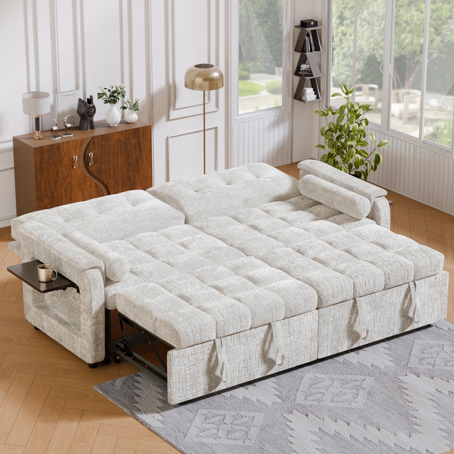 Trygoal Convertible Sleeper Sofa Bed, 86 Inch Chenille Pull Out Couch with Side Table & Adjustable Backrest, Sectional Sleeper Sofa with Pull Out Bed for Living Room, Apartment, Beige
