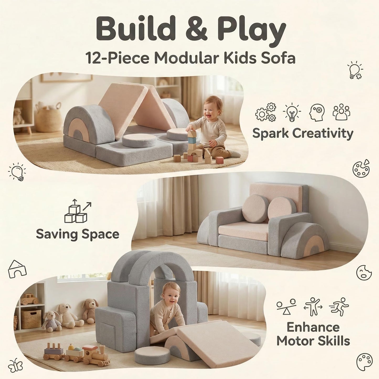 BUMNANA 14pcs Modular Kids Play Couch, Child Sectional Sofa, Fortplay Bedroom and Playroom Furniture for Toddlers, Convertible Foam and Floor Cushion for Boys and Girls