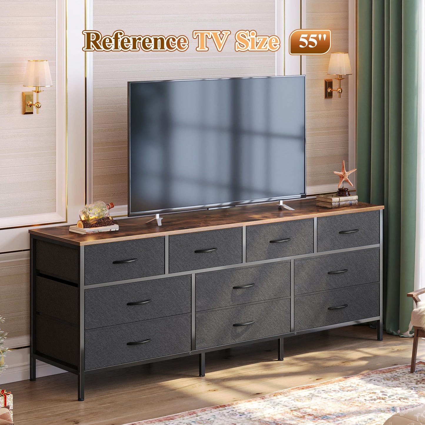 Huuger 63 Inch Dresser for Bedroom, Long Dresser with 10 Fabric Drawers, TV Stand for 55, 65, 70 Inch TV, Toy Storage Organizer for Closet, Rustic Brown and Black