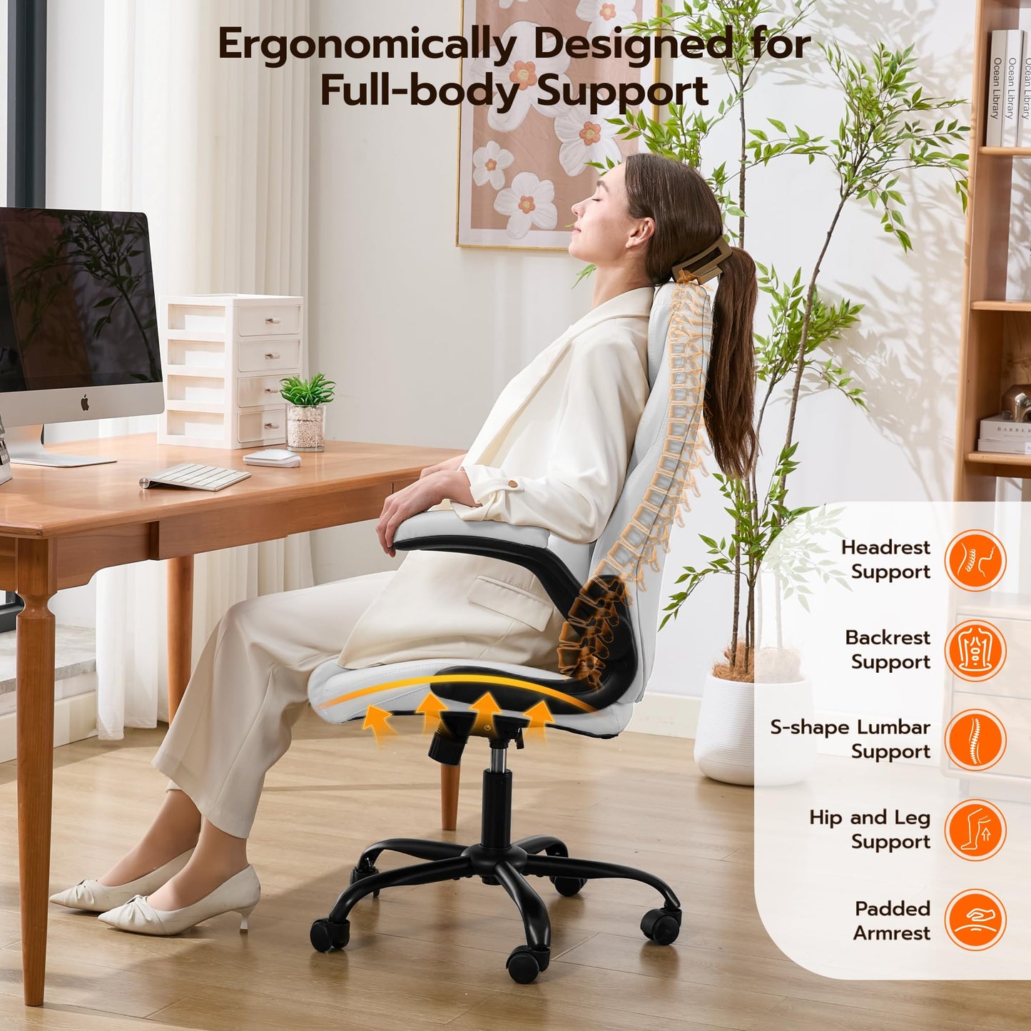 Ylzyxal Office Desk Chair, Ergonomic Computer Chair with Padded Flip-Up Arms and Adjustable Lumbar Support, PU Leather Executive Chair with Tilt Lock and 360° Swivel Rolling Wheels for Work, Study