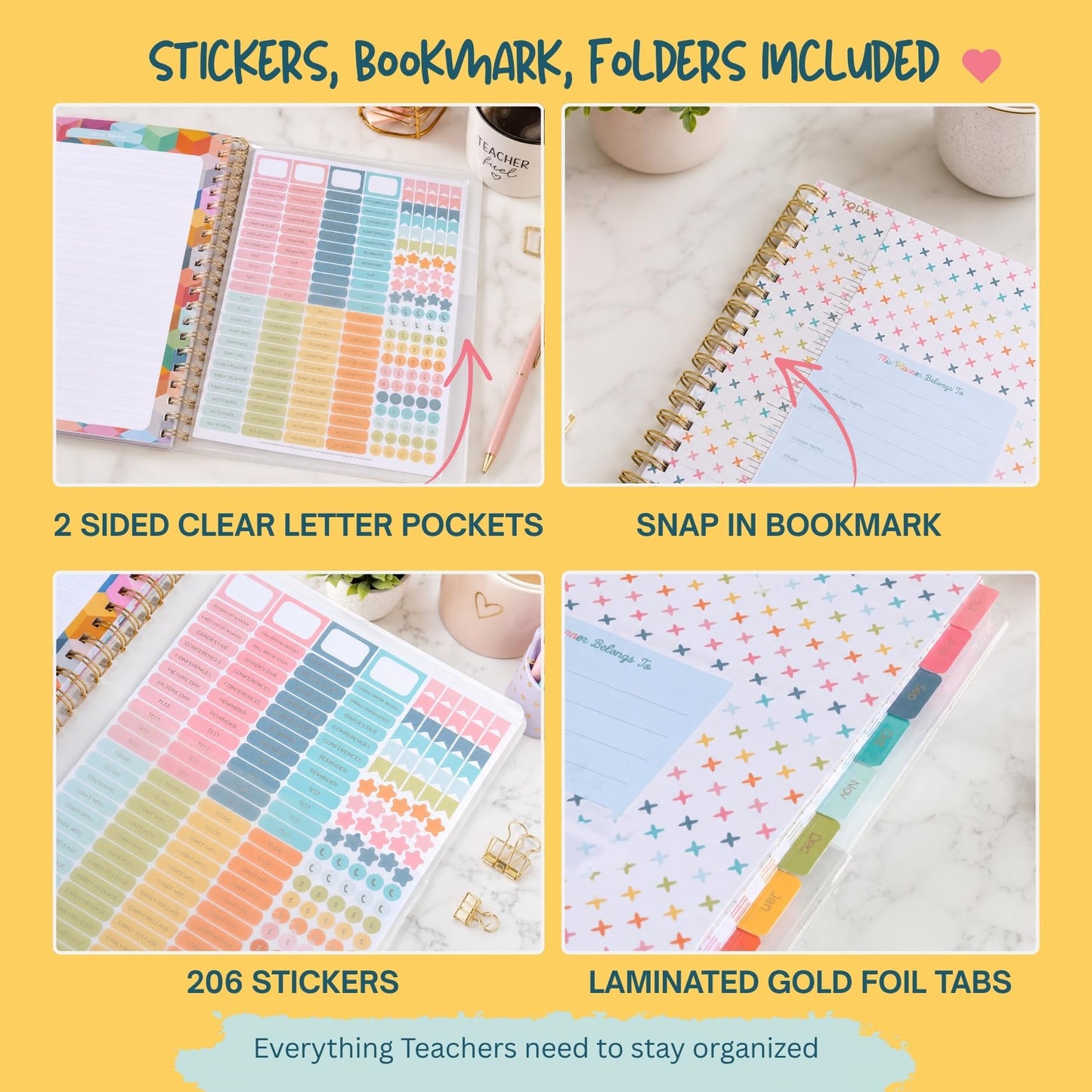 Undated Teacher Planner 8.5 x 11-12 Months & 52 Weeks | Colorful Checkerboard Cover | Monthly & Weekly Lesson Plan Book with Stickers, Storage Pocket & Snap-In Bookmark | Classroom Organizer