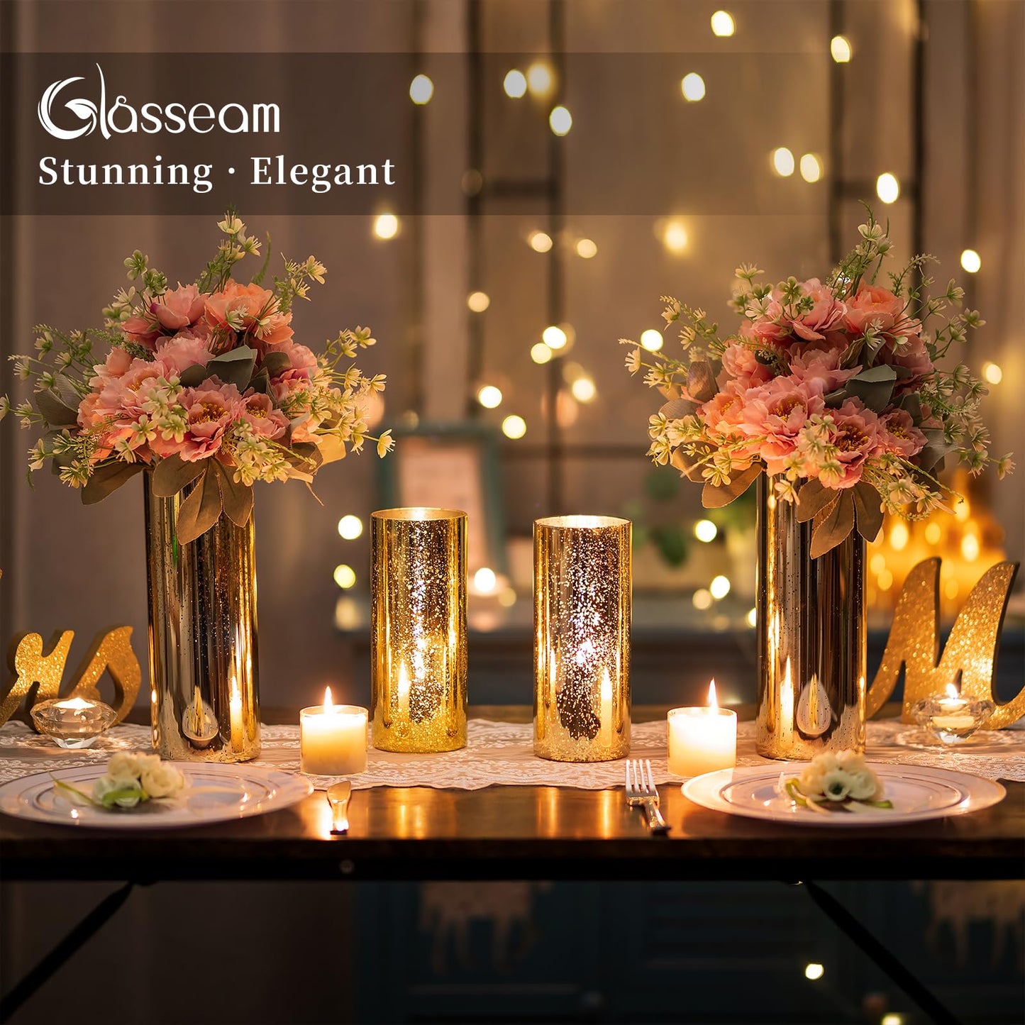 Glasseam Glass Cylinder Gold Candle Holder, Set of 12 Hurricane Candle Holders for Pillar Candles, Modern Mercury Floating Candle Holders for Table Centerpiece Wedding Living Room Home Decor