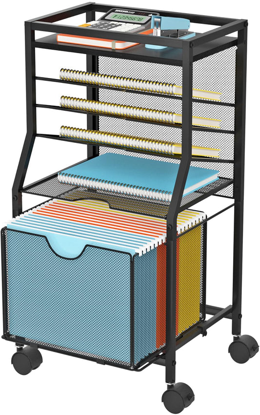 BOHDK Rolling File Cart, 6-Tier Desk File Organizer on Lockable Wheels, Black Wood Planks & Mesh Sliding Hanging Folder Drawer, Organization Cart for Office Home School