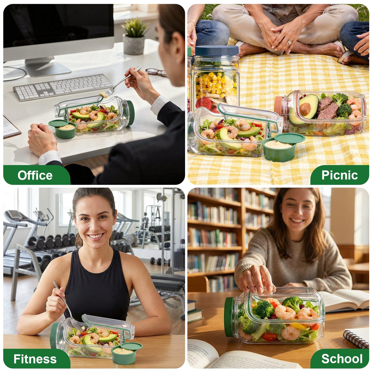 Celsisignis Salad Pod, 1000ml Side-Opening Salad Container (Salad Container for Lunch), Lunch Salad Box for Office, Gym, Camping, Outdoor Activities, Gatherings, Various Locations (2, Green & Blue)
