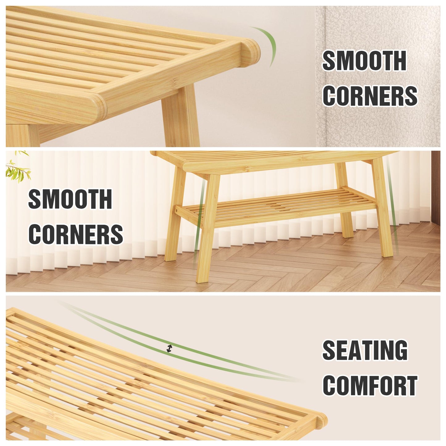 Bamboo Dining Bench Indoor Long Bench Sturdy & Comfortable Indoor Storage Bench Durable Slat Woven Design Modern Entryway Seating for Hallway (Nature, 2 Tiers)