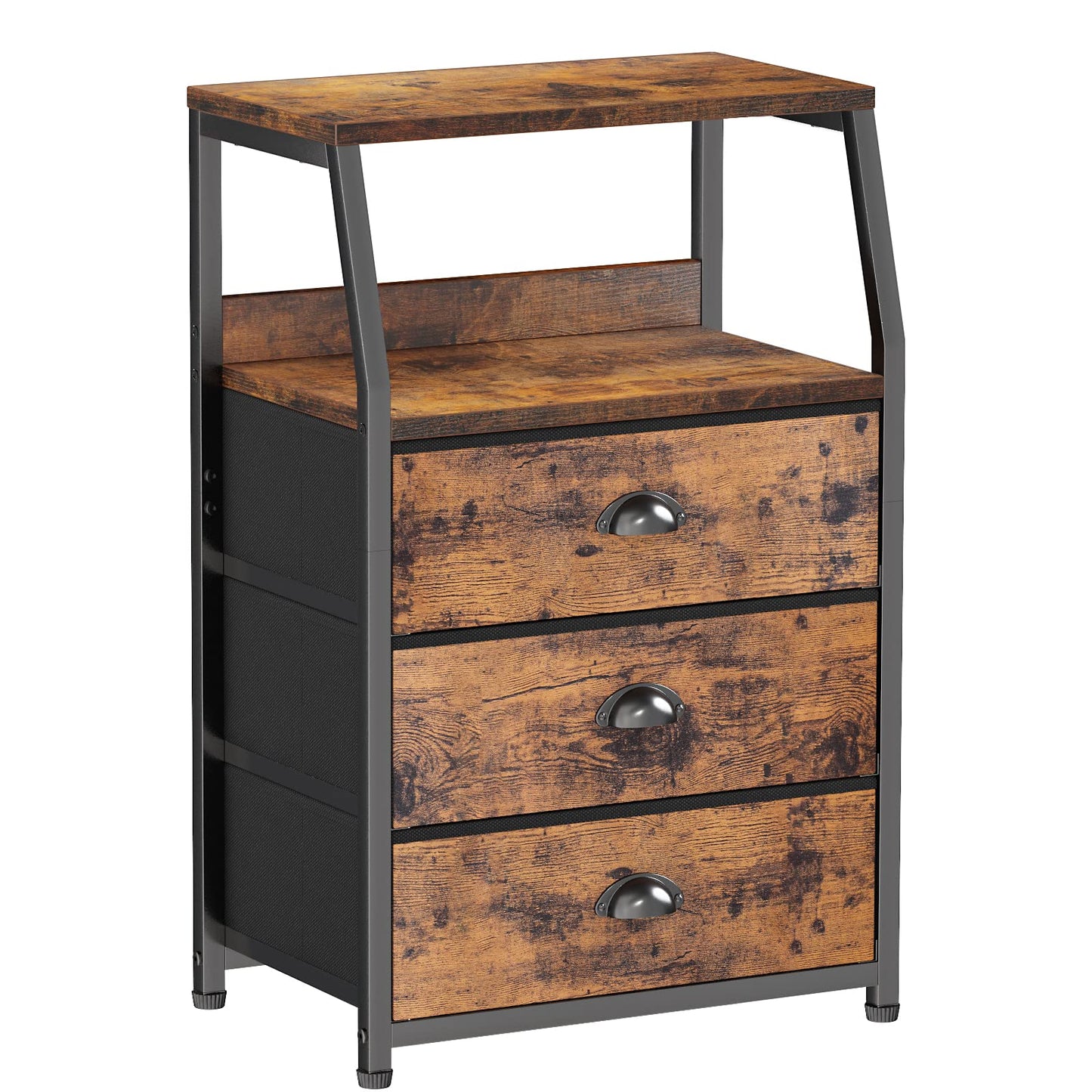 Furnulem Nightstand with 3 Drawers and 2-Tier Shelf, Fabric Small Dresser Organizer Vertical Storage Tower for Bedroom, Closet, Hallway, Nursery, End Table Side Furniture, Sturdy Steel Frame, Wood Top