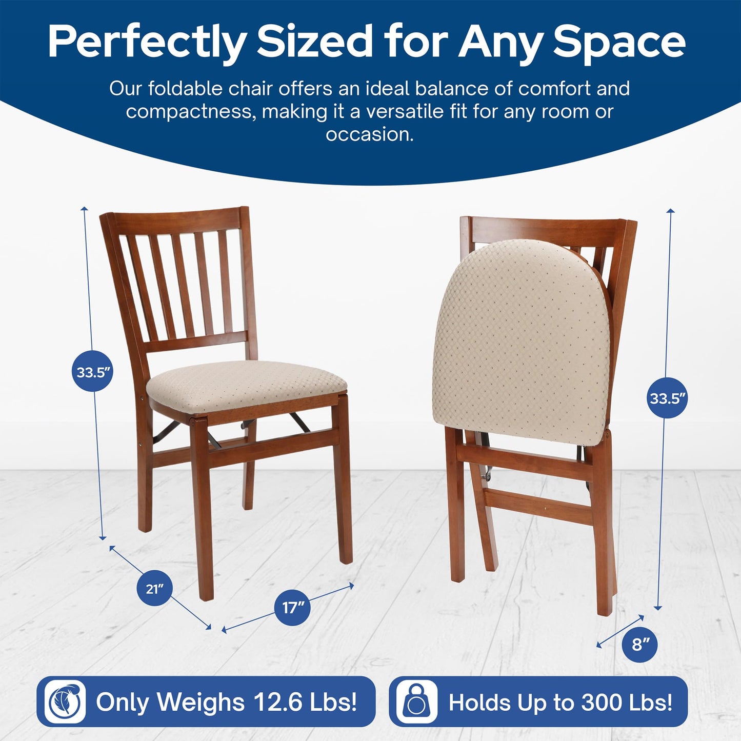MECO Stakmore Premium Solid Wood Dining Table Compact Folding Chair Set with Blush Fabric Padded Upholstered Seat, Fruitwood (Set of 2)