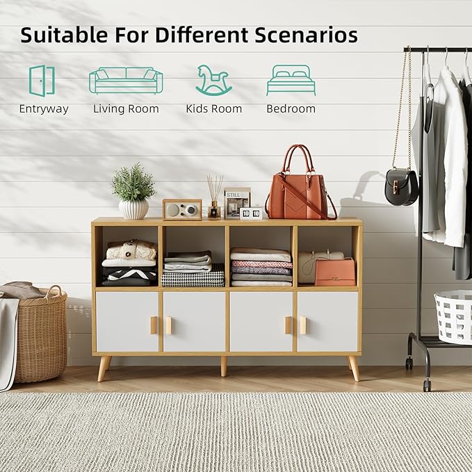 8-Cube Storage Organizer with Doors & 5 Solid Wood Legs, Mid-Century Modern