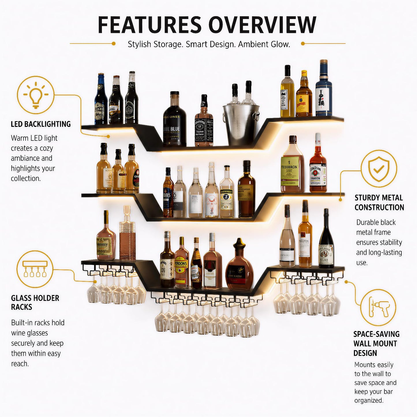 ZAOBAS Wall Mounted Wine Rack with LED Lights, 3-Tier Floating Bar Shelves, Hanging Liquor & Wine Glass Rack for Home Bar, Cafe, Dining Room Decor (Black, 39.4" W)