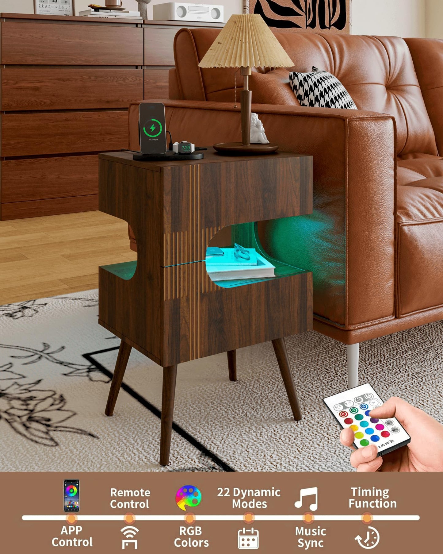 JOONEE Nightstand with Charging Station and LED Lights,Modern Bedside Table with 2 Storage Drawer,Night Stand with Solid Wood Legs,White (Walnut Brown)