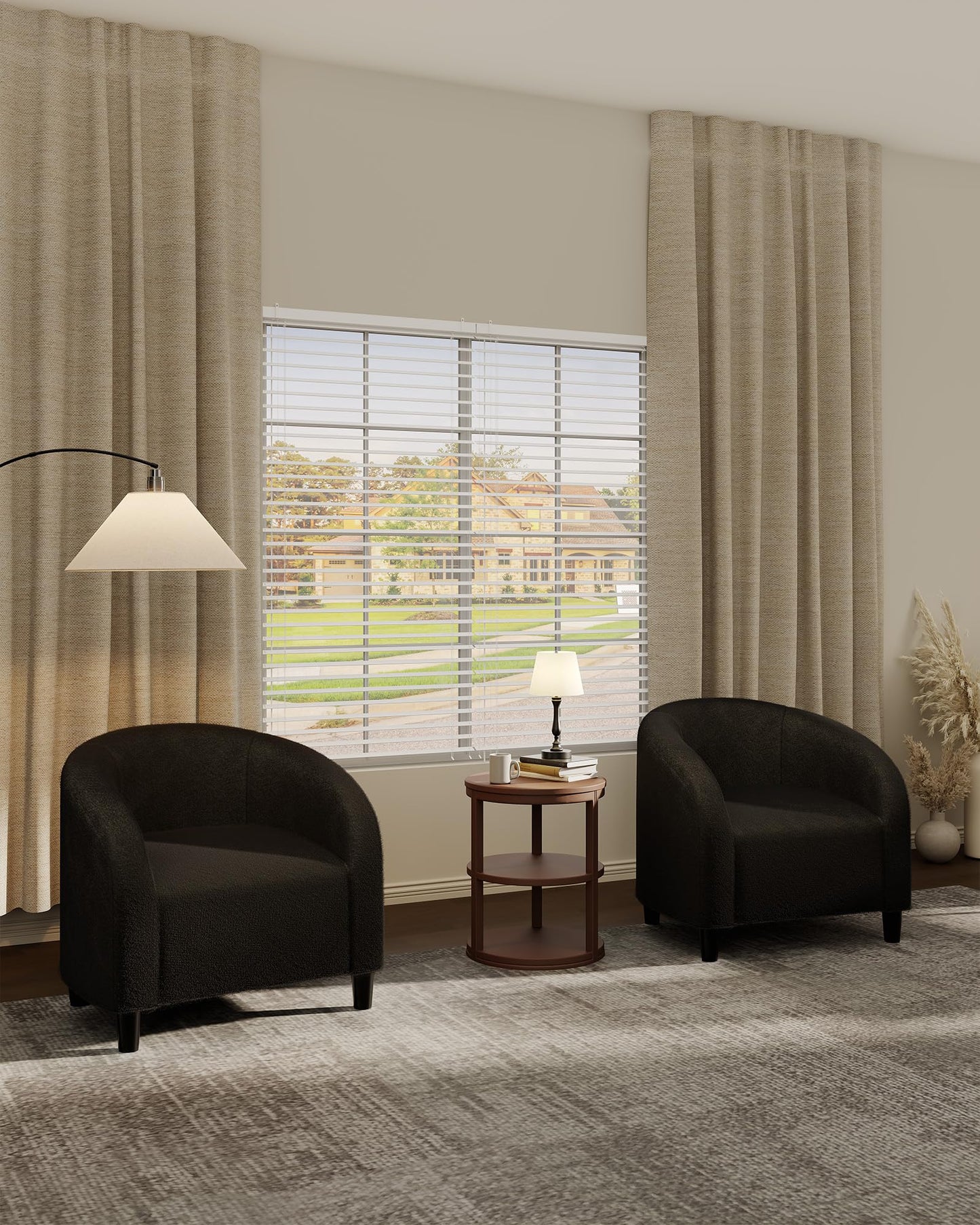 GarveeHome Accent Chair Set of 2 Living Room Chairs Barrel Boucle Chairs Comfy Armchairs for Bedroom Reading Room Reception Chairs(Black)