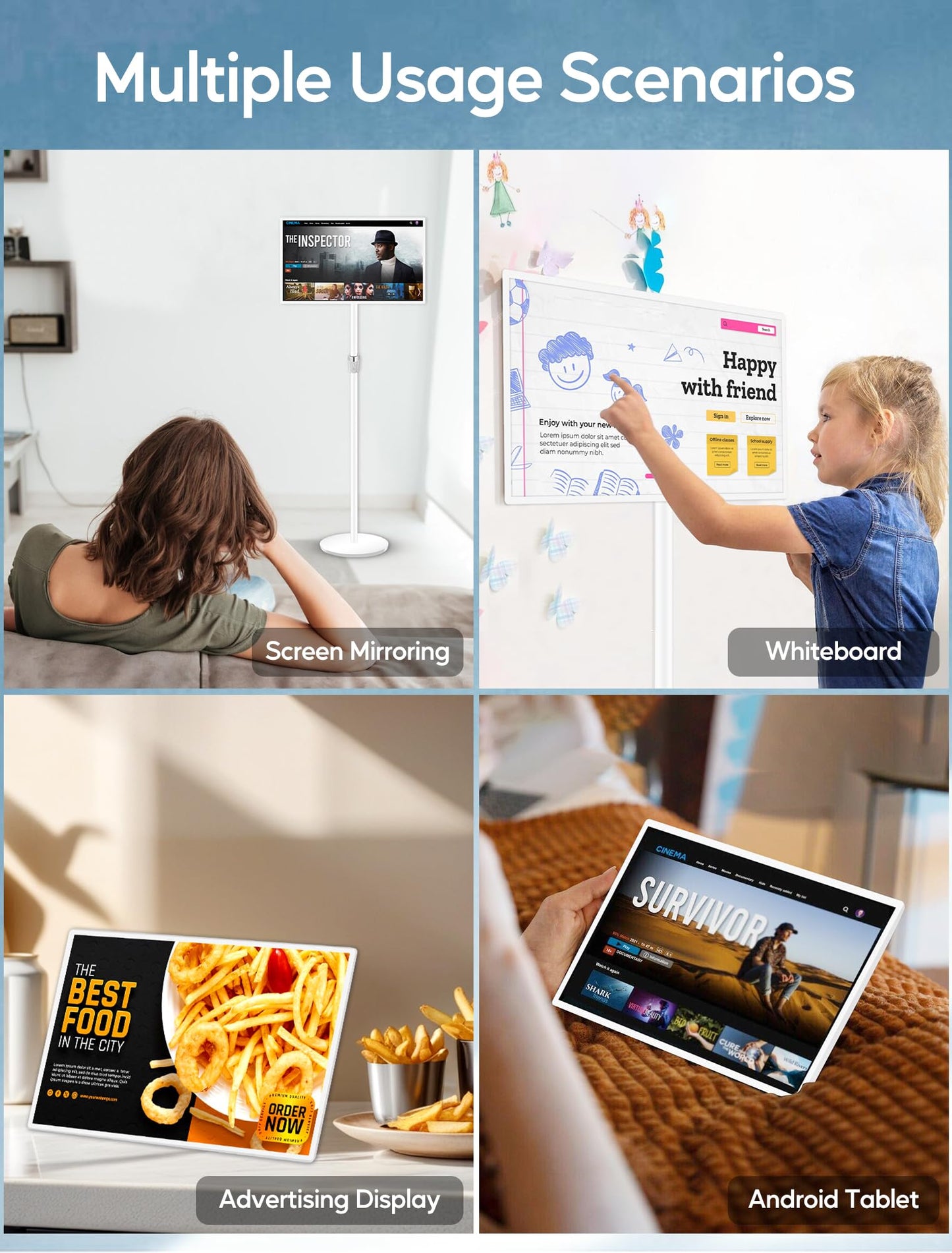 15.6" Digital Signage with 10000mAh Battery, Capacitive Touchscreen Advertising Display, Adjustable Stand, Android 13 Commercial LCD Monitor with Auto Play, Wireless Screen Mirroring, 2+32GB, White