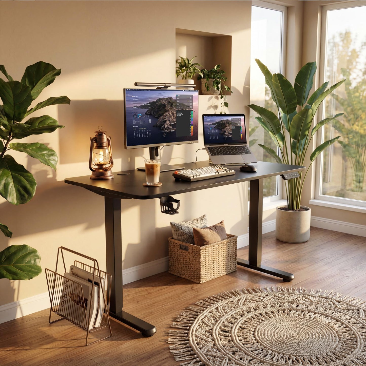 Furmax Electric Standing Desk, 45 x 24 Inches Height Adjustable Sit Stand up Desk, Memory Preset Computer Home Office Desks with Sturdy Metal Frame, Phone Stand Cable Management Hole (Black, 45'')