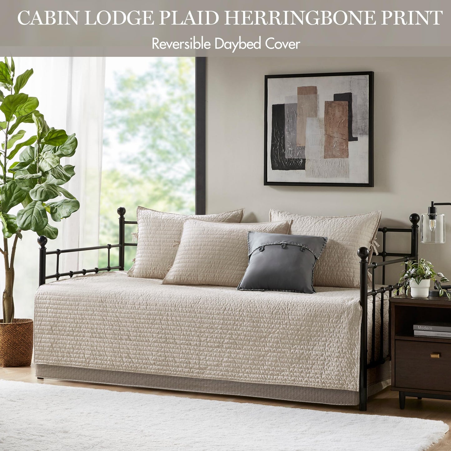 Madison Park Ridge Daybed Cover Set - Cabin Lodge Plaid Herringbone Print Reversible Design, All Season Luxury Bedding with Bedskirt, Matching Shams, Decorative Pillow, 39"x75", Neutral 6 Piece