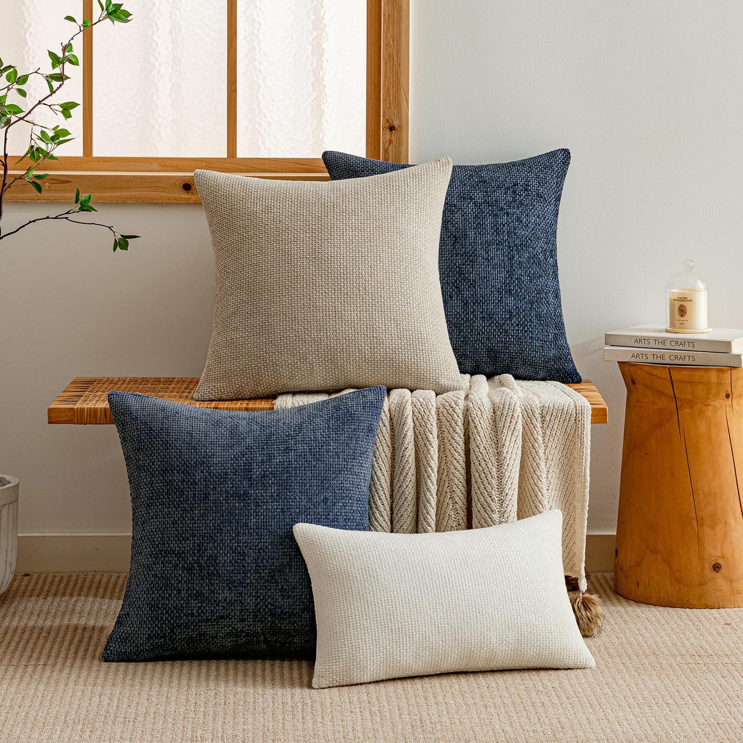 a moment Dark Blue Chenille Throw Pillow Covers 18x18 Inch Pack of 2 Modern Decorative Throw Pillow Covers Farmhouse Cross Covers Home Decor for Sofa Bedroom Living Room