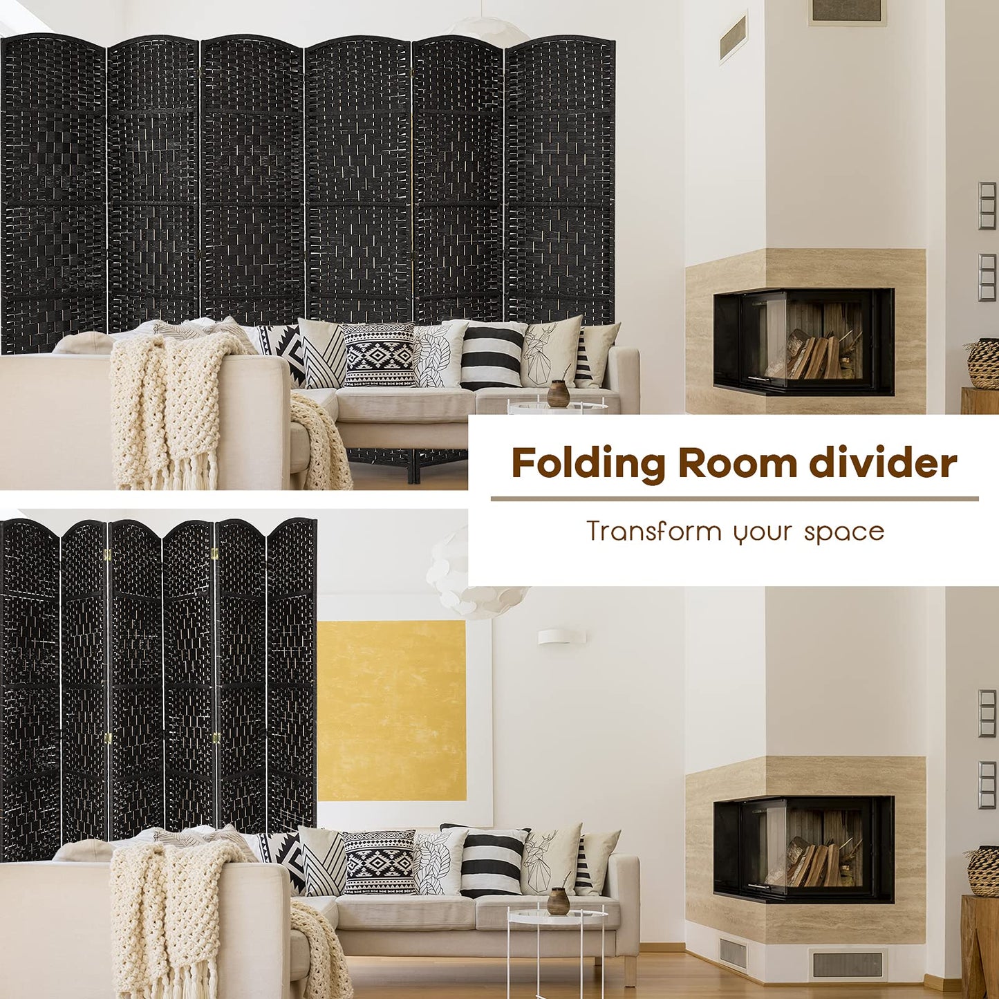Giantex 6 Panel 6 Ft Tall Room Divider, Freestanding Wood Partition Room Divider Panel with Hand-Made Woven Paper Fiber, Room Dividers and Folding Privacy Screens for Bedroom, Small Space, Black