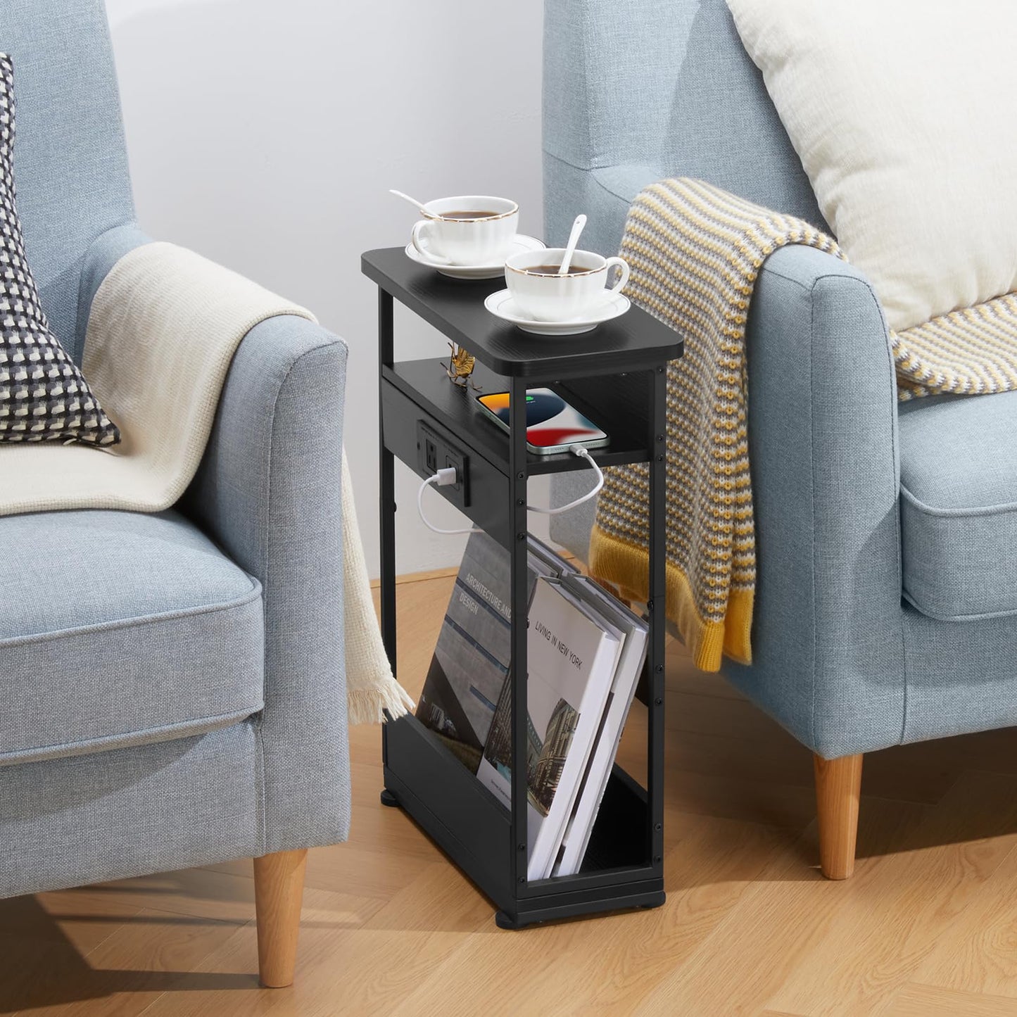 YEAKOO Narrow Side Table with Charging Station, 3-Tier End Table with 2 USB Ports & Power Outlets,Thin Sofa Side Table for Narrow and Small Spaces, Bedside Table Nightstand for Living Room,Black