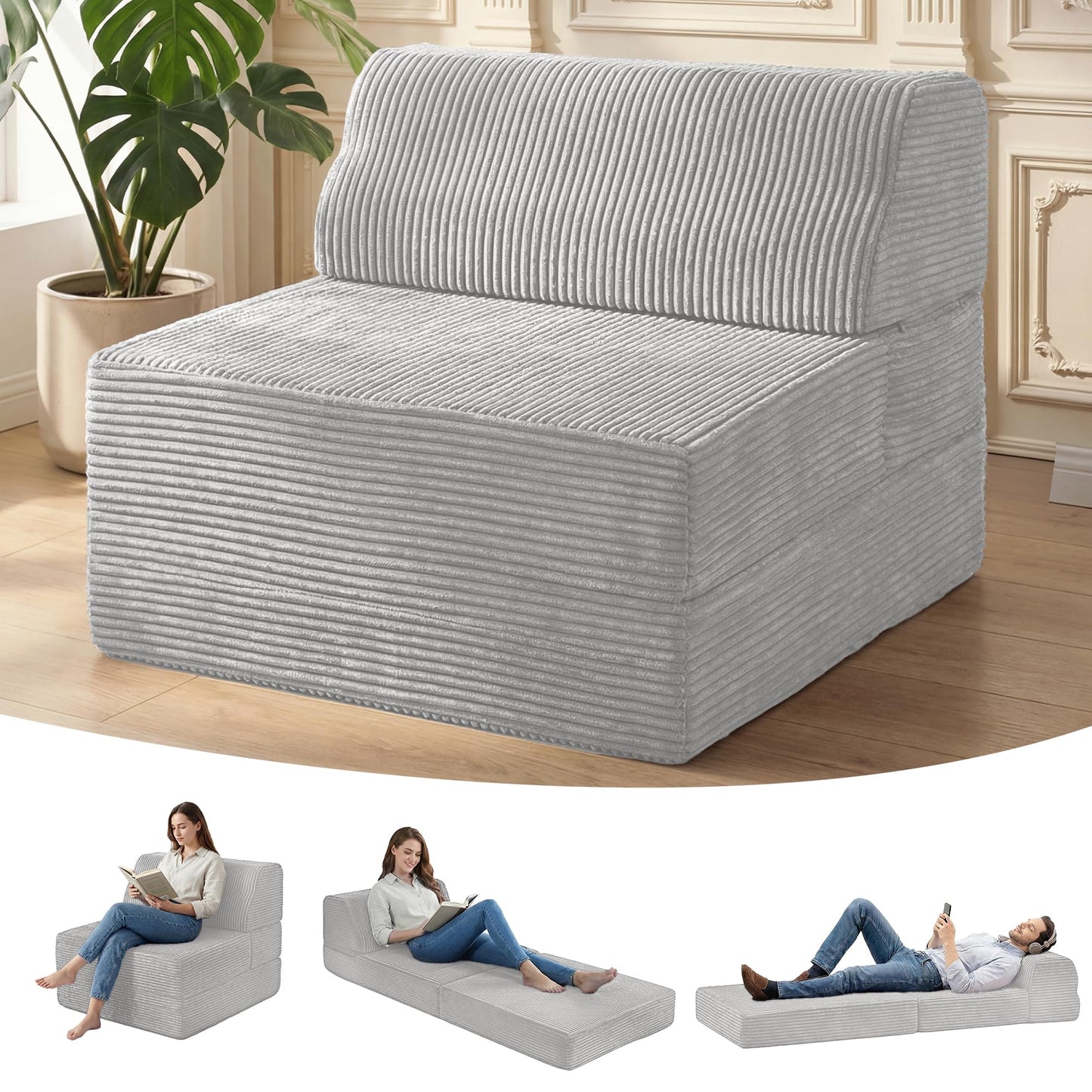 Kasunpul Folding Sofa Bed with Pillow, Memory Foam Fold Out Chair Bed, Convertible Sleeper Chair with Washable Cover, Futon Floor Couch for Living Room/Dorm/Guest Use/Home Office/Apartment, Light Grey