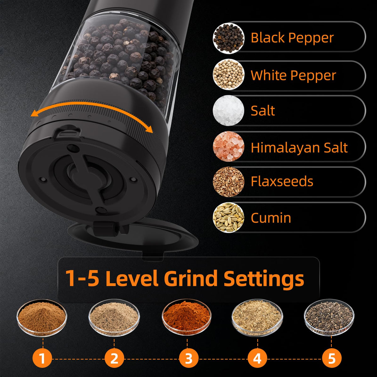 Electric Salt and Pepper Grinder, Rechargeable Automatic Pepper Mill with Base,5-Level Adjustable Coarseness, Display, LED Lighting, Large Capacity-Ideal for Kitchen, BBQ Gifts (1, Black-A)