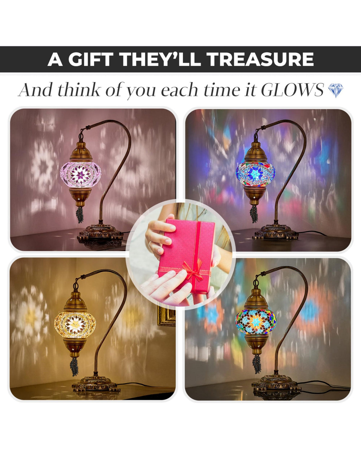 DEMMEX Turkish Moroccan Mosaic Table Lamp – Handcrafted Tiffany-Style Colorful Glass Swan Neck Bedside, Desk, Table Light, Boho Artisan Accent Lighting for Bedroom or Living Room – 15" H, Black White