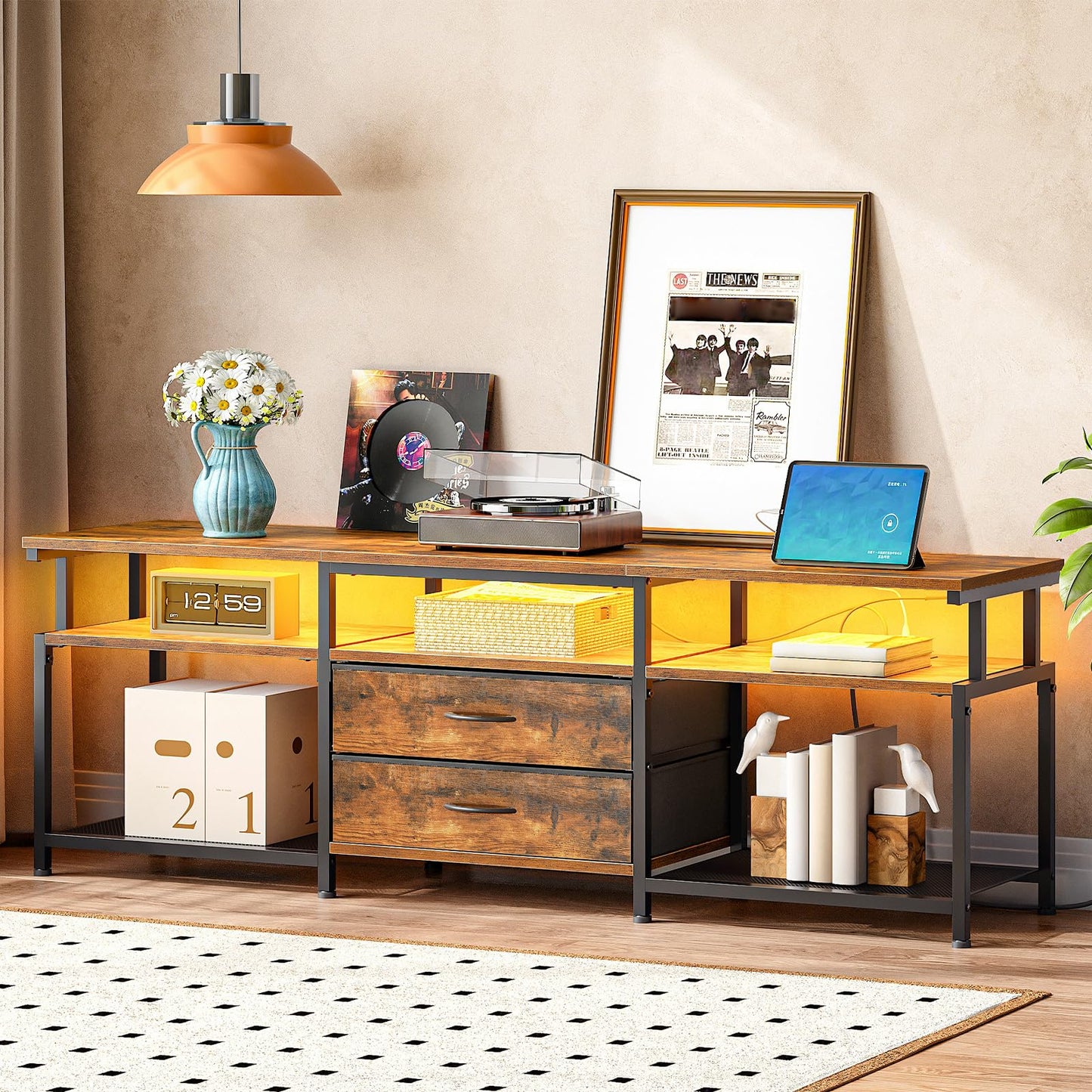 HOOBRO TV Stand with Power Outlet and LED Light, Entertainment Center for TVs Up to 75 Inch, Modern Media Console Table with 2 Non-Woven Drawers, for Living Room, Bedroom, Rustic Brown BF55UDDS01