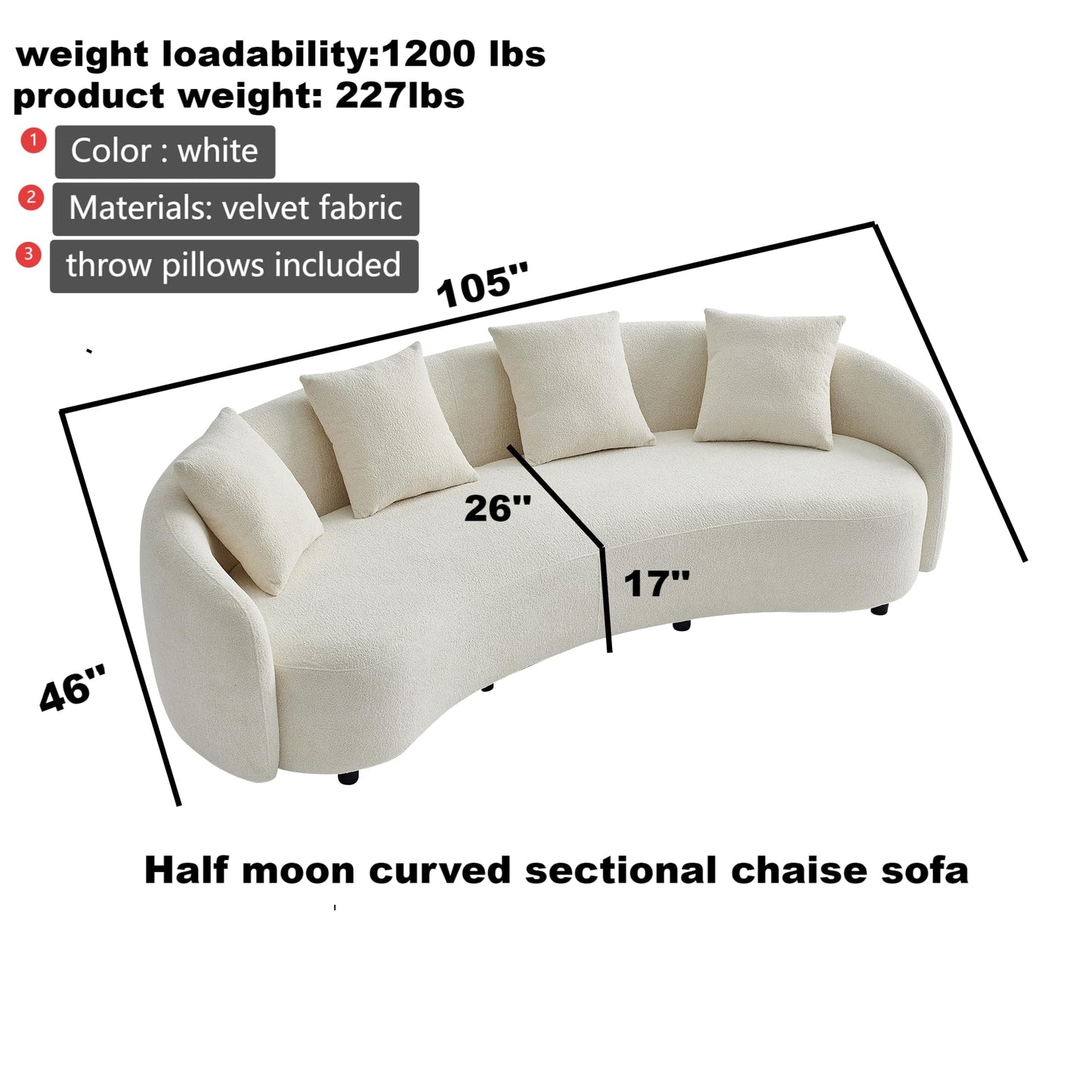 BBTJ0INT Half Moon Sofa, Curved Design Off-White Boucle Upholstered Couch for Modern Living Room, Comfy Chaise Sofa with 2 Throw Pillows