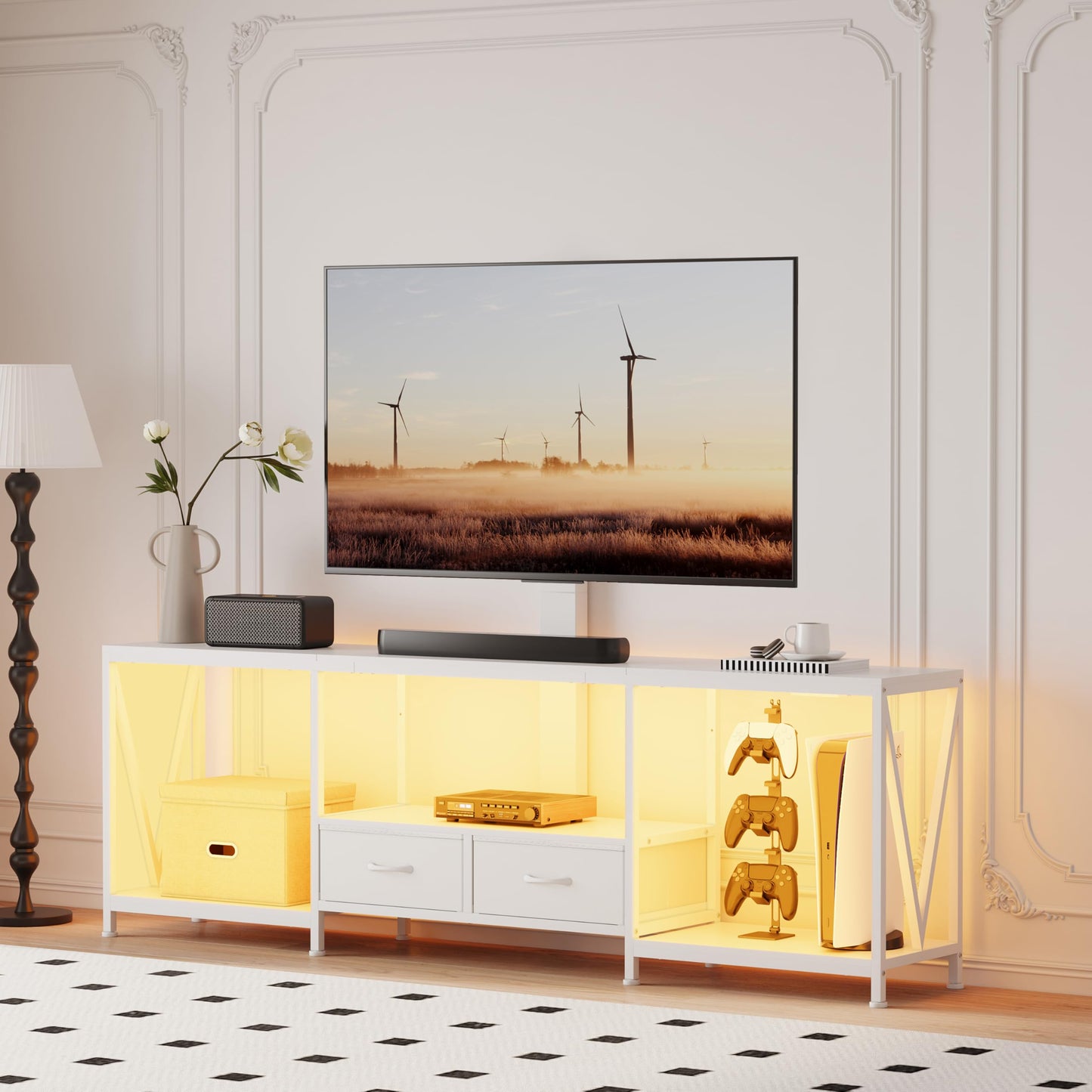 NinPeen 63" W TV Stand with Mount for 55,65,75" TV,Entertainment Center with Power Outlet and Led Lights,Height Adjustable TV Console Table with Open Storage Shelves and Fabric Drawers (White, 63" W)