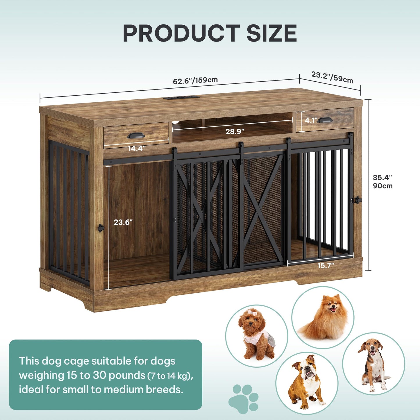 YITAHOME 63 Inch Double Dog Crate TV Stand with Charging Station, Heavy Duty Wooden Cage Furniture for 2 Dogs, Dog Kennel Indoor Furniture Double Sliding Barn Door Design Ideal for 2 Dogs, Oak