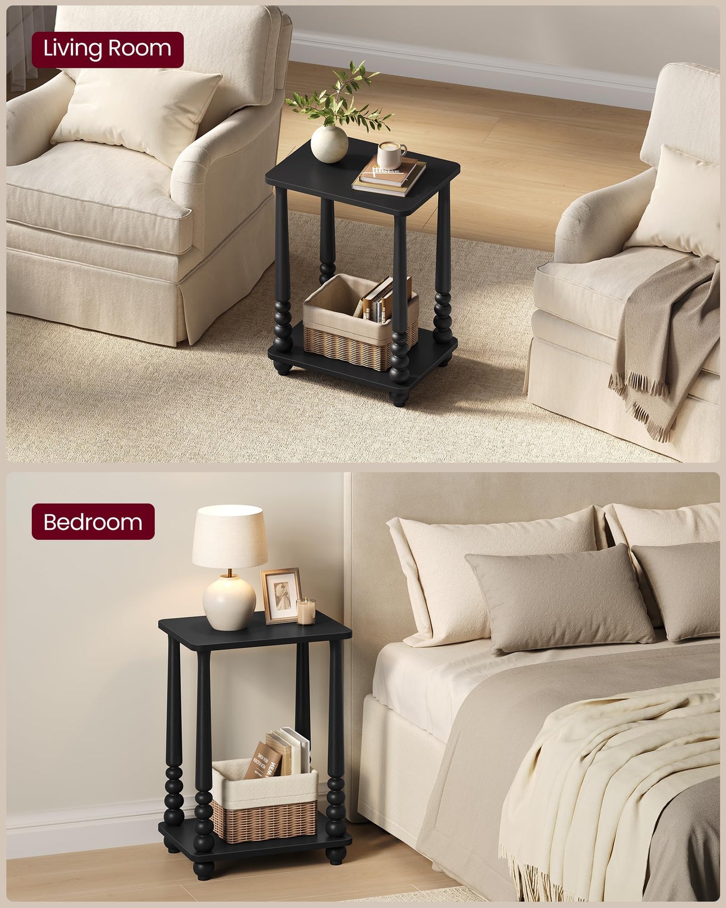 VASAGLE Mariel Collection - Side Table, Accent Nightstand for Small Spaces, Rectangular End Table with Shelf, Solid Wood Legs, Mid-Century Modern, Living Room Bedroom, Ink Black ULET294BC01S