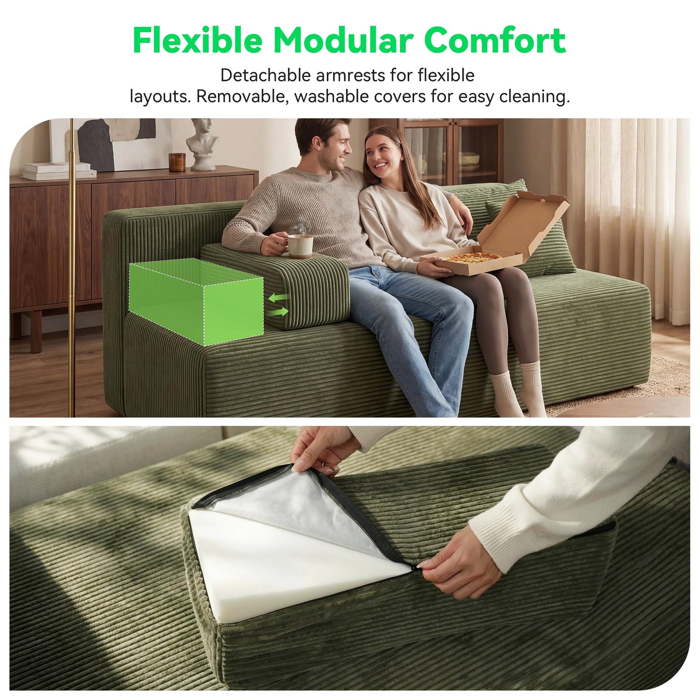 MONVANE 3-Piece Boneless Loveseat Couch Set for Living Room, Oversized Modular Sectional Sofa Set with Removable Armrests, Comfy Corduroy Cloud Couch with 12 Pillows, No Assembly Required, Green