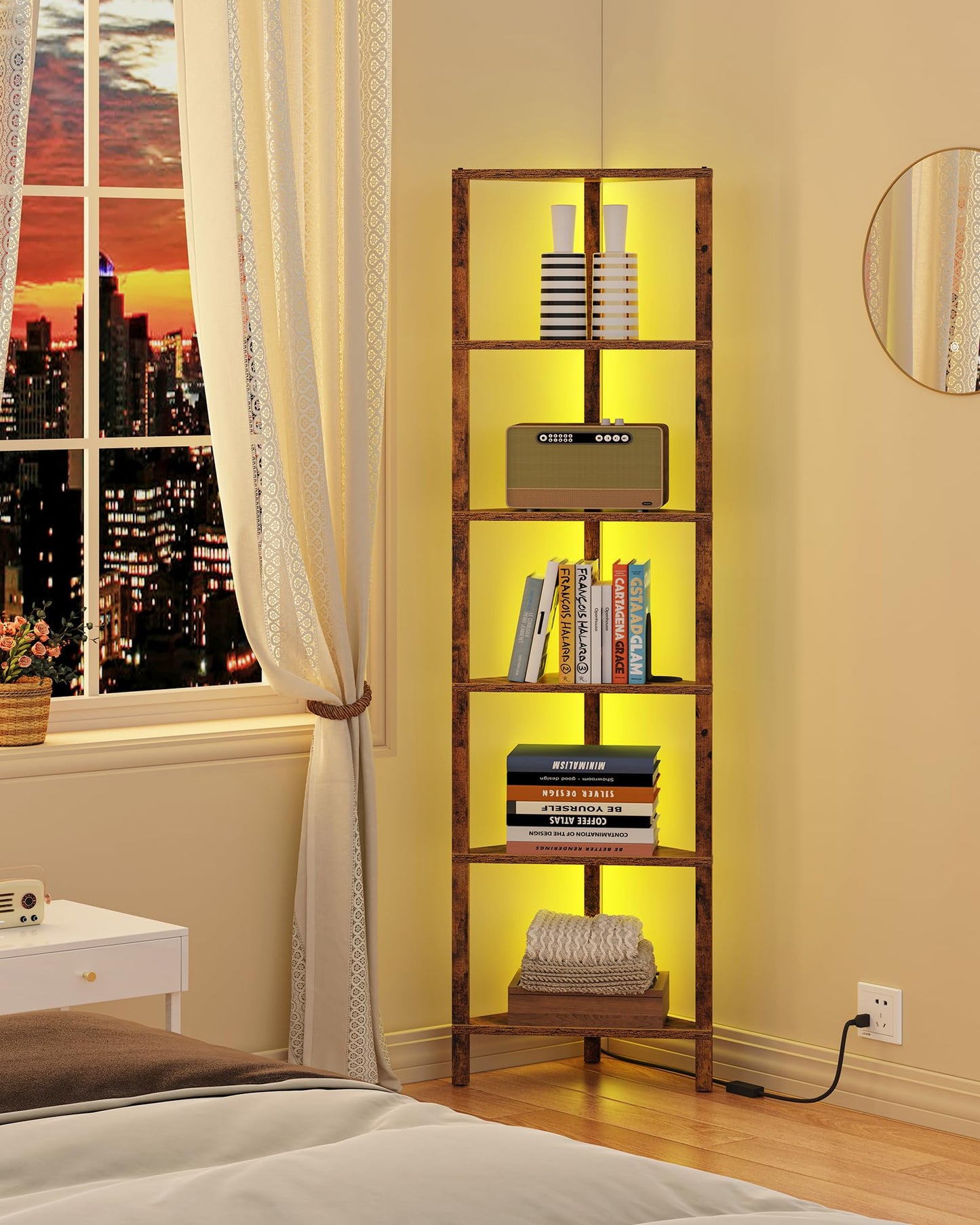 TUTOTAK Corner Shelf with LED Light, 6-Tier Corner Bookshelf for Small Space, Narrow Display Corner Shelf Stand with Storage Rack, for Living Room, Bedroom, Brown BS05BC006L
