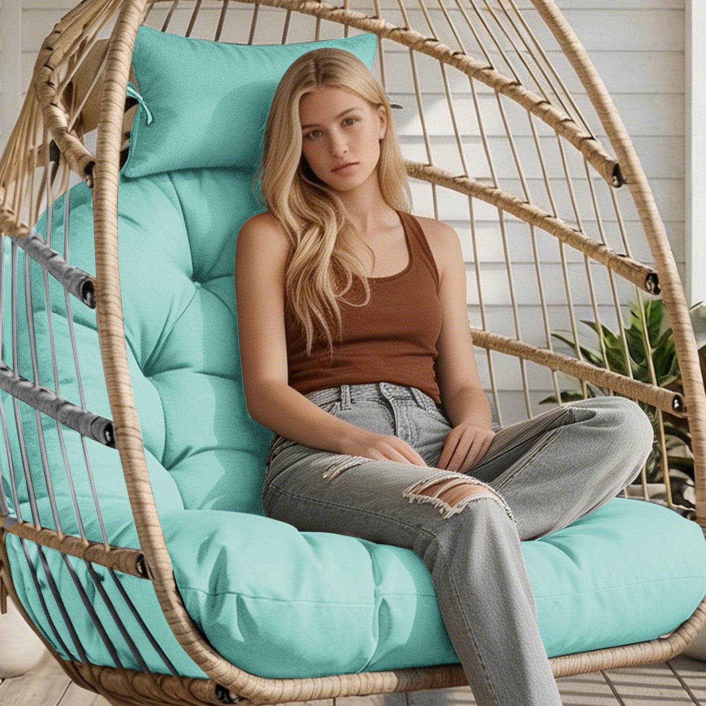 Tycdiose Outdoor Hanging Egg Chair Cushion Replacement, Thicken Egg Chair Cushion Waterproof Basket Eggs Chairs Cushion with Headrest Pillow, U-Shaped Cushions for Hanging Eggs Chairs Swing (Teal)