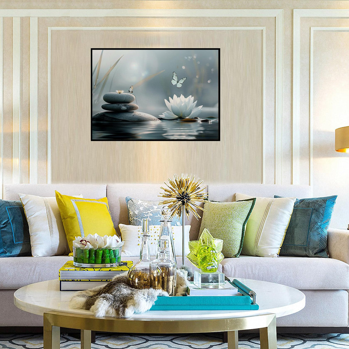 Floral Butterfly Lotus Canvas Wall Art Framed Painting Prints Posters Artwork Wall Decor Zen Spa Decor Spiritual Wall Art Yoga Meditation Room Zen Office Wall Decor 16x24 Inches