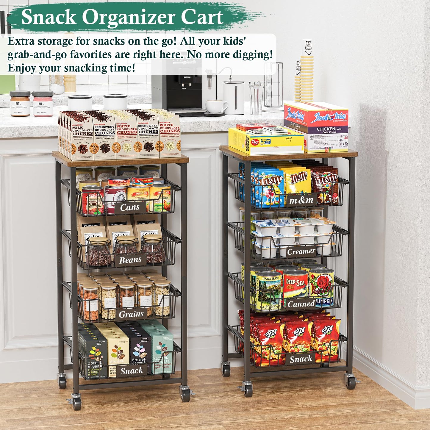 OKZEST Fruit Basket, 5-Tier Utility Kitchen Organizer and Storage Cart with Pull-Out Baskets and Wood Top, Rolling Pantry Kitchen Cart on Wheels for Fruit Potato Onion Vegetable Snack Produce