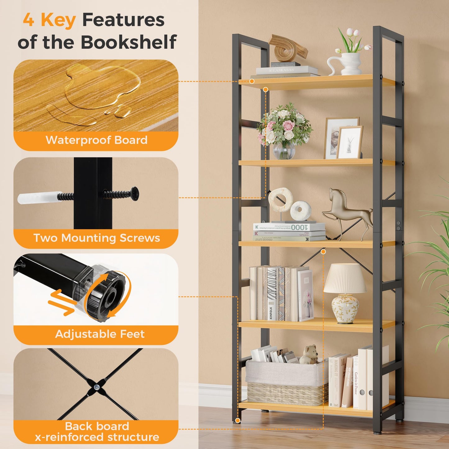 DUMOS 5-Tier Bookshelf, Modern Tall Bookcase, Open Storage Display Shelf for Living Room, Bedroom, Home Office, Narrow Standing Shelving Unit for Books, CDs, Décor，Wood