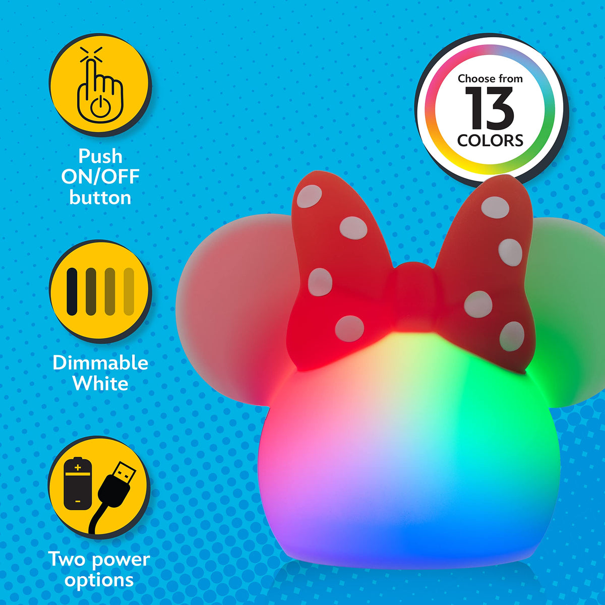 Disney Minnie Mouse Squishy Light, Color Changing, Night Light for Kids, USB Lamp, Battery Operated, Dimmable, Ideal for Bedroom, Playroom, Living Room, and More, 66945