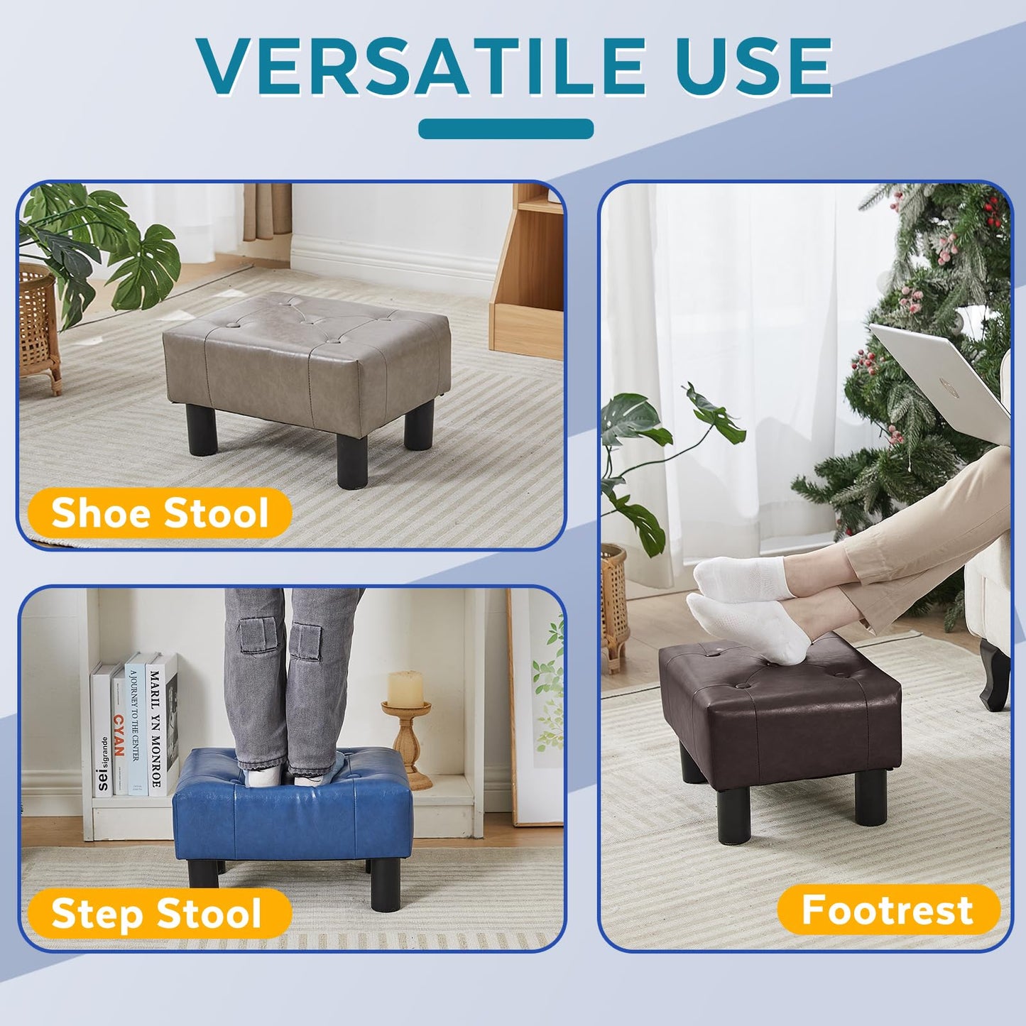 FIMIVIBI Small Foot Stool Ottoman, Faux Leather Footstool Ottoman Foot Rest for Couch, Rectangle Footstools and Ottomans Small for Living Room, Entryway and Bedroom (Brown)