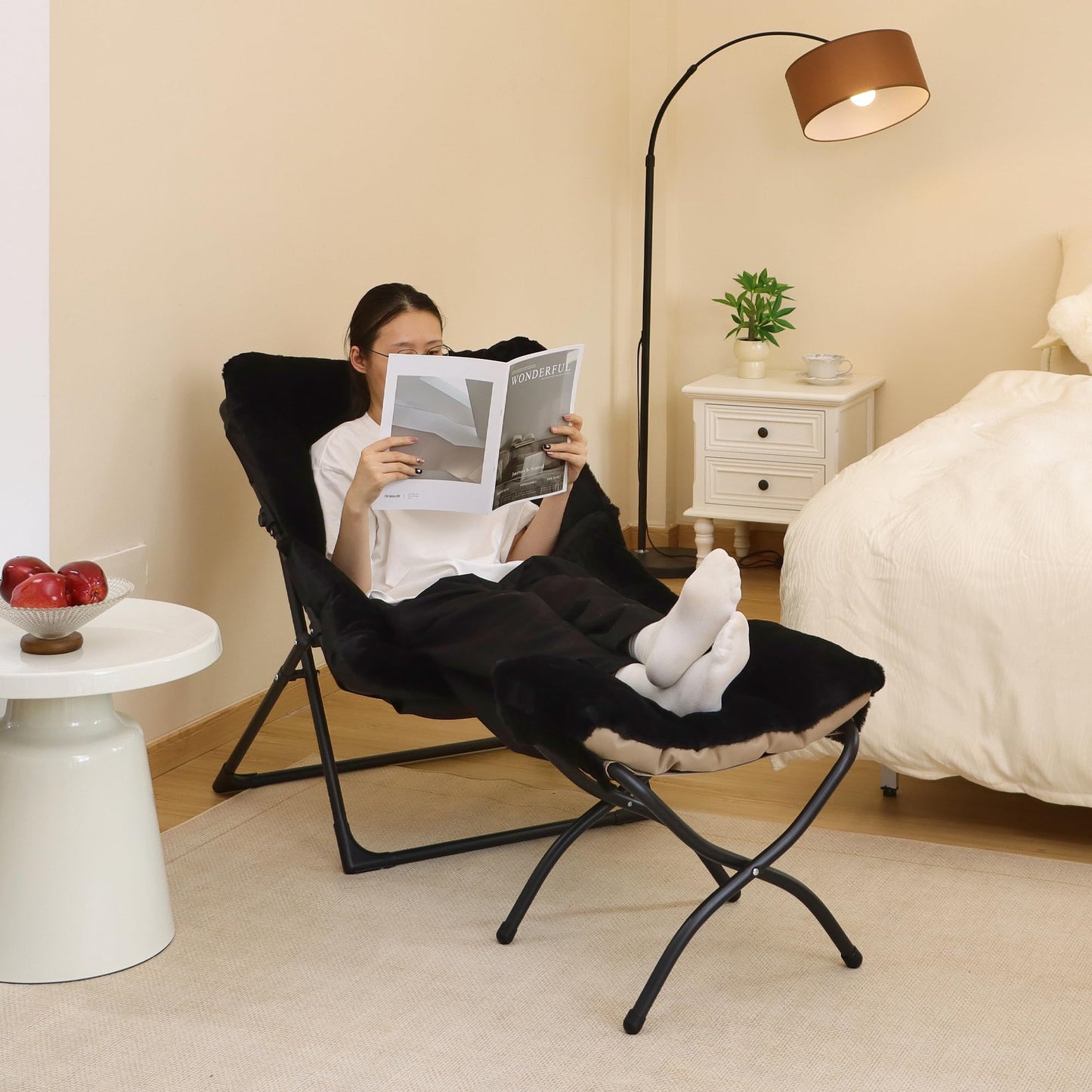 Mordchil HF Comfy Saucer Chair for Adults, Soft Faux Fur Bedroom Chair, Accent Dorm Chairs, Flexible Living Room Reading Chairs, Oversized Folding Seat for Teens, X-Large, Black