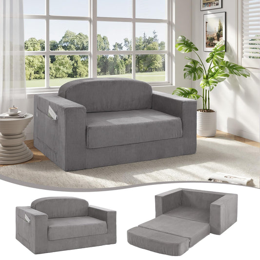 MeMoreCool Convertible Sofa Bed, Pull Out Loveseat Sleeper Sofa, Small Boneless Cloud Couch Bed for Adults, Fold Out Foam Love Seat, Corduroy Folding Floor Couch for Bedroom, Light Grey