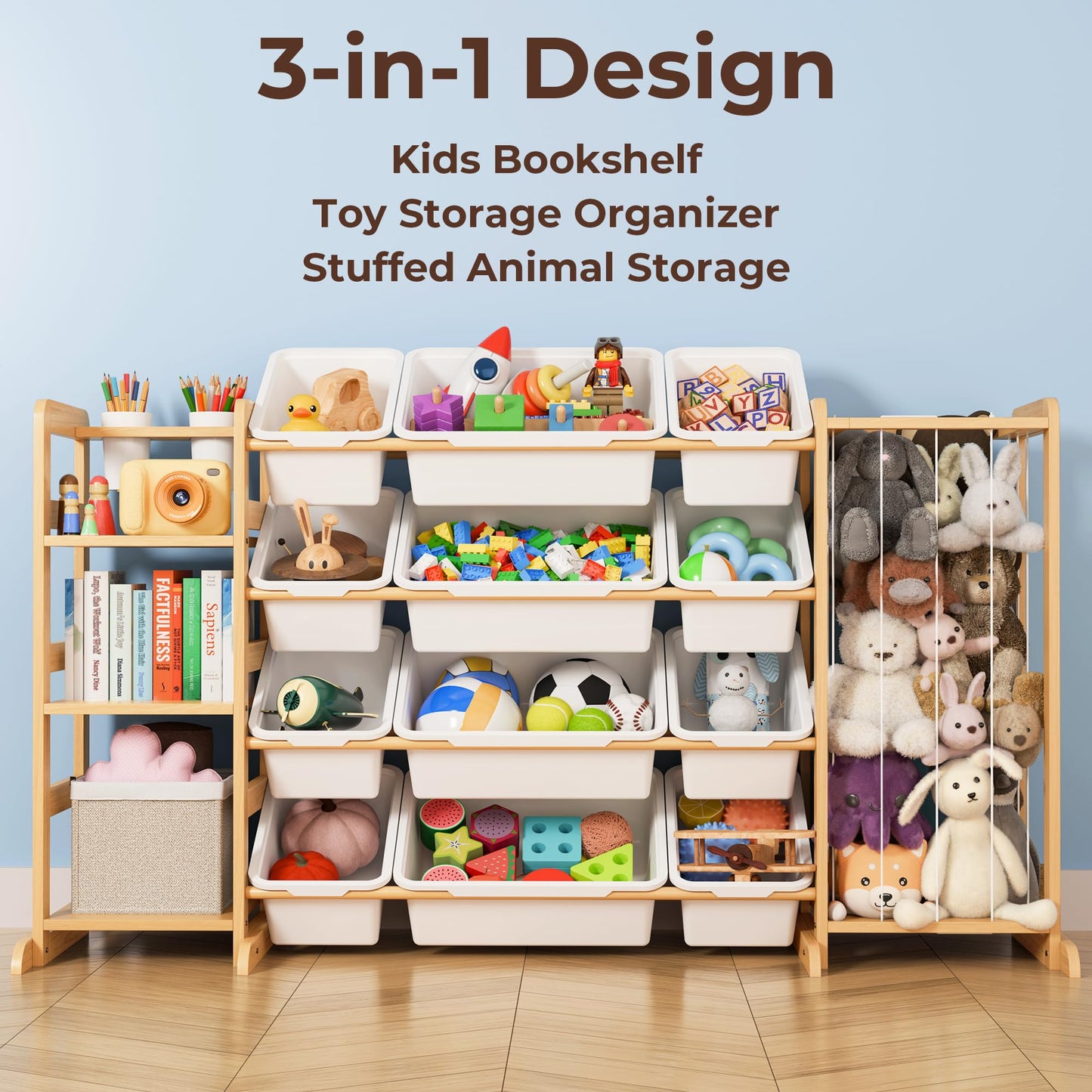 Toy Storage Organizer with Bookshelf and Stuffed Animal Storage - Kids Playroom Organization with Shelves and 12 Toy Bins - Toddler Living Room Toy Box for Lego - Nursery Bedroom Decor Essential