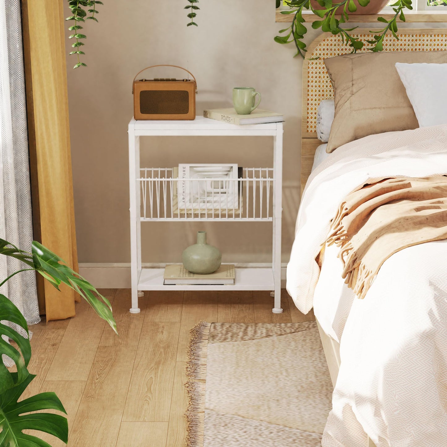 Lifenite Side Table for Small Spaces, Narrow End Table with Magazine Holder, 2 in 1 Design Slim Side Table, Skinny Nightstand for Living Room Bedroom, Thin Side Magazine Table, White