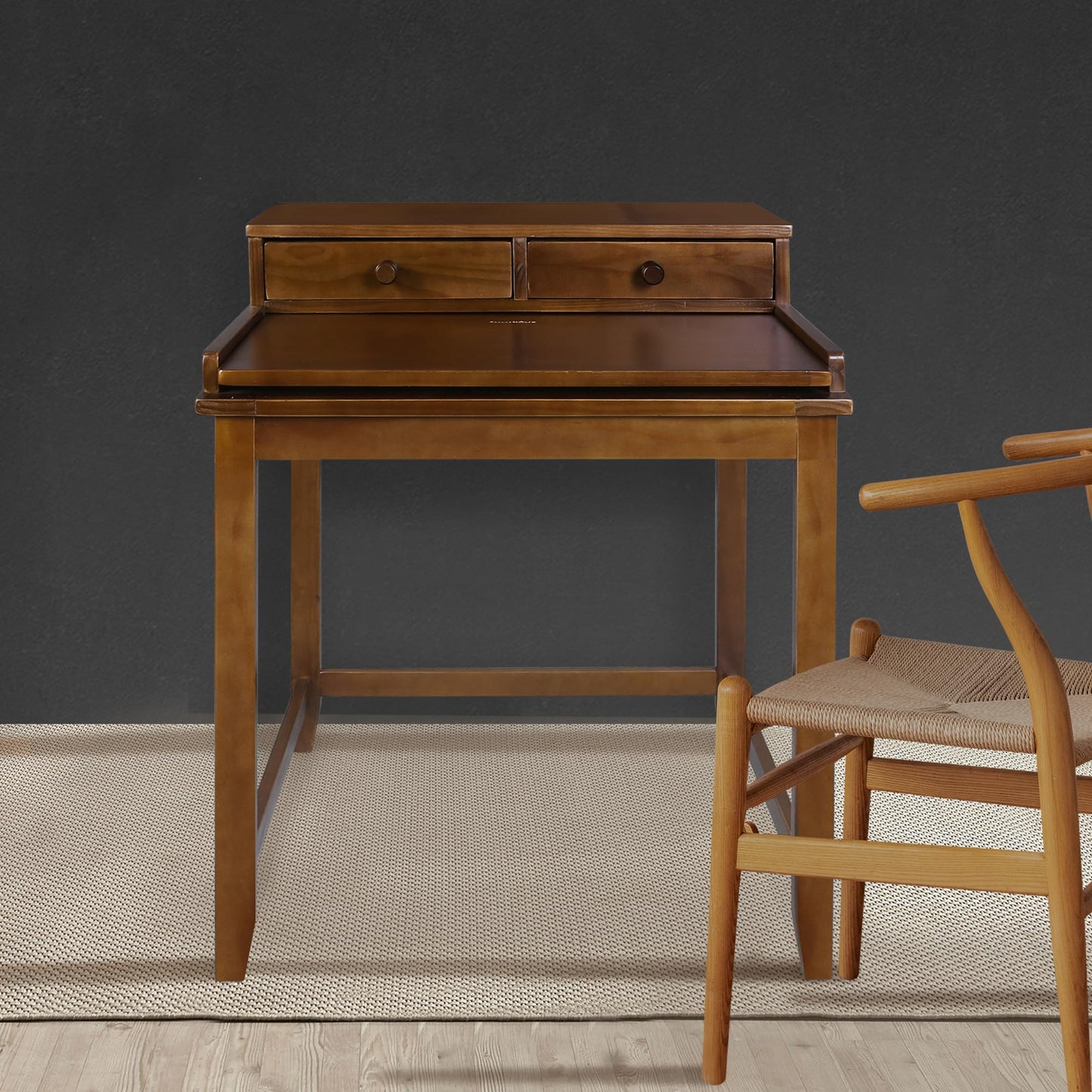 Solid Wood Home Office Computer Desk with Drawers, Pull-Out Tray, and Concealed Compartment