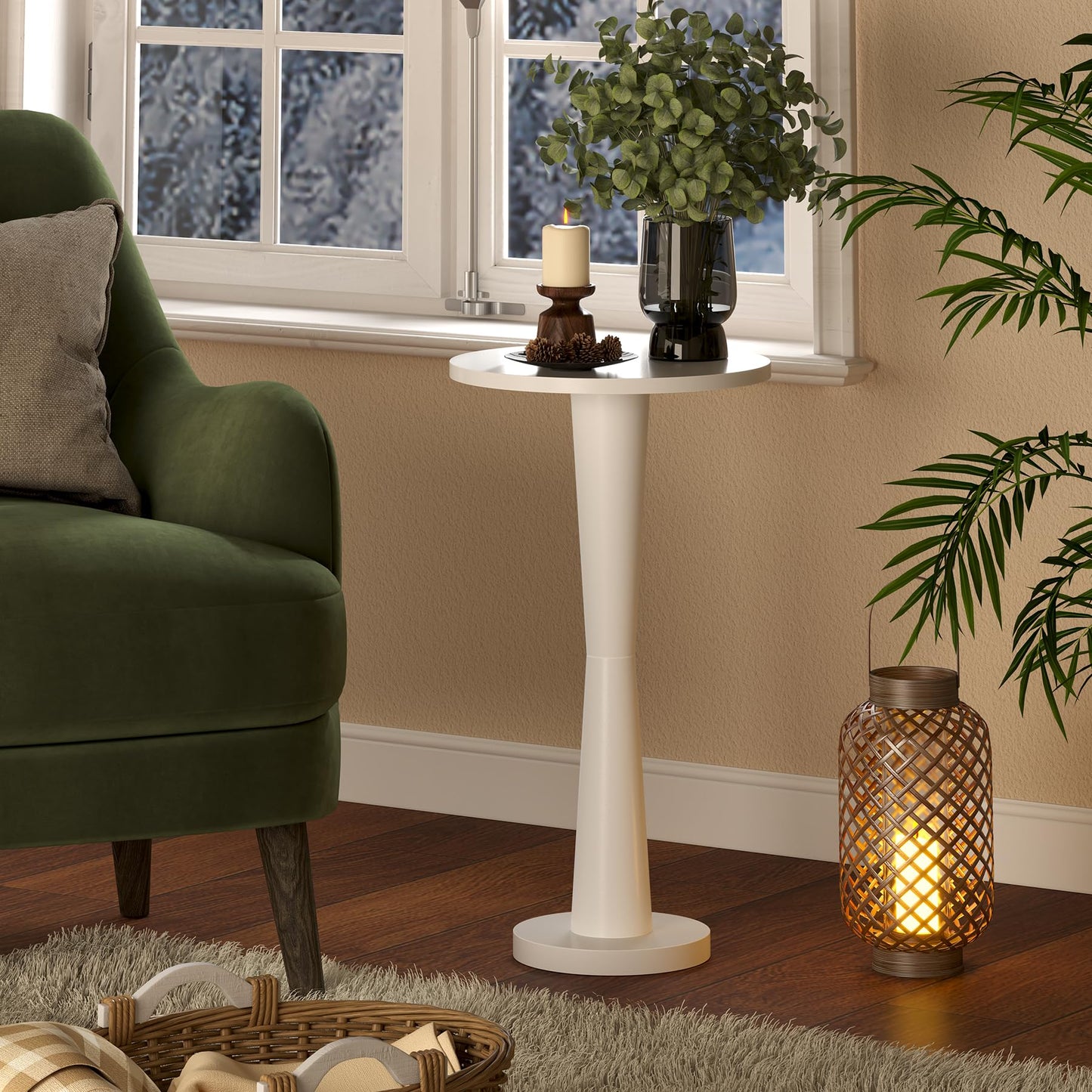 LAATOOREE Small Round Side Table, Wood Pedestal Drink Table, Accent Coffee End Table with Solid Wood Leg for Small Space, Living Room, Bedroom, Corner (1, White)