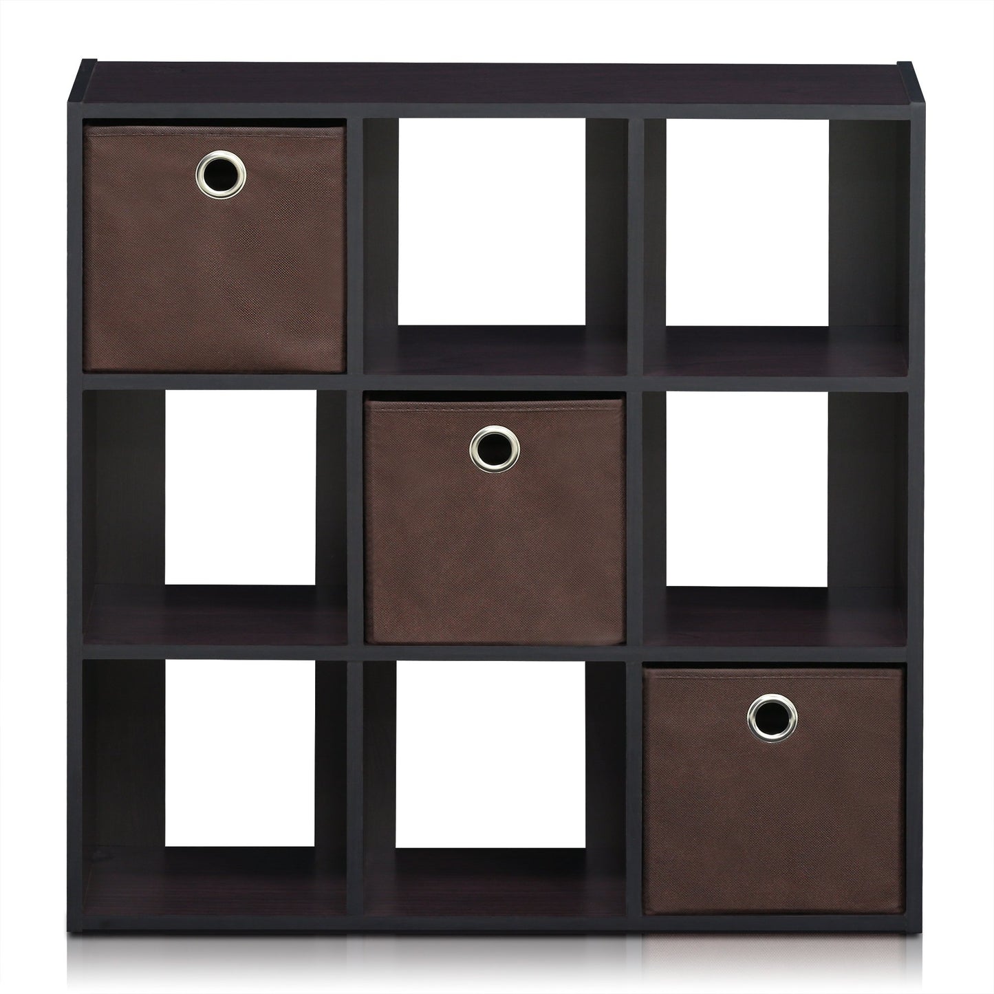 Furinno Simplistic 9-Cube Organizer with Bins, Small Size (Assembled Unit Dimensions : 7.9"D x 26.5"W x 26.7"H Inches), Dark Walnut