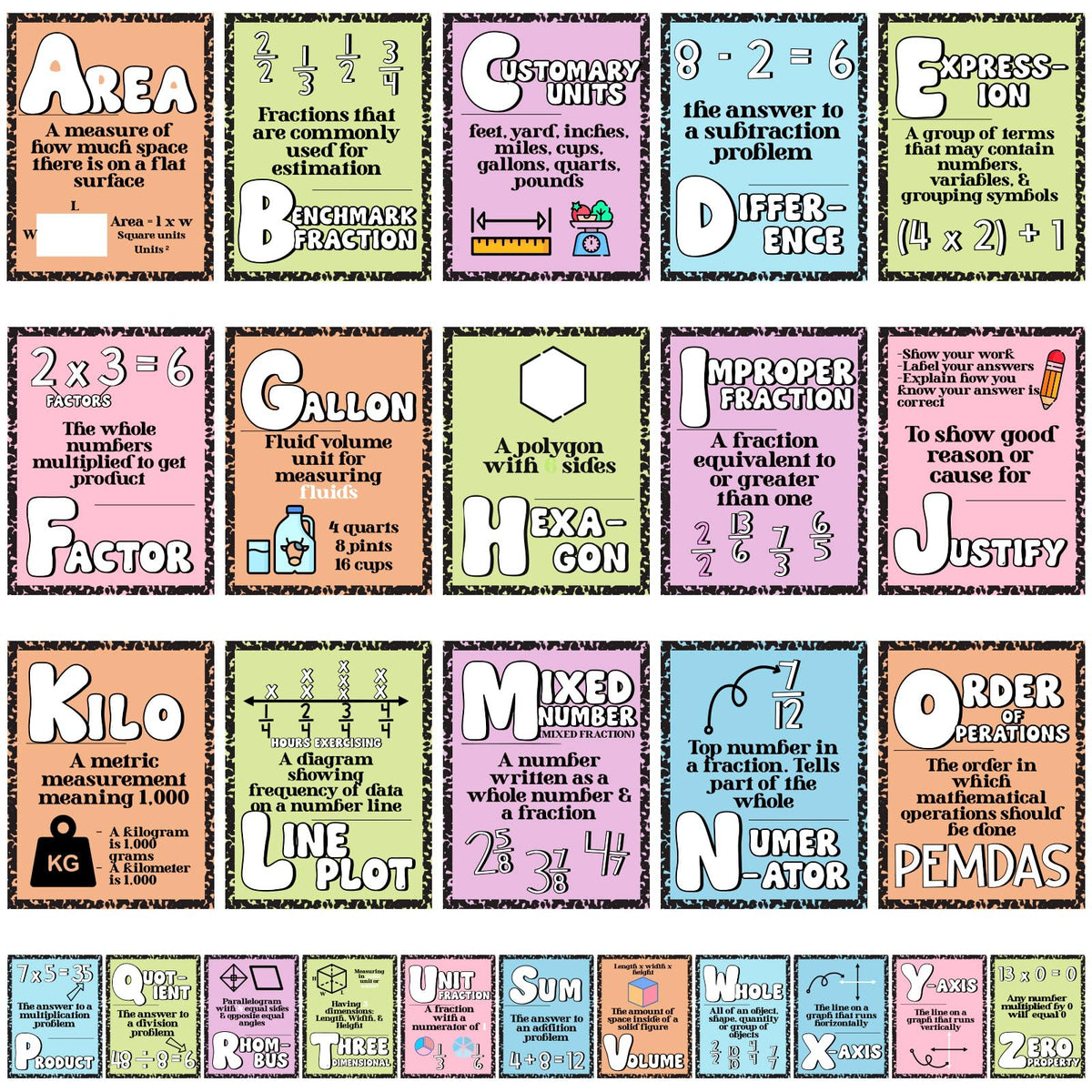 Eaasty 26 Pcs Composition Notebook Math Posters for Elementary School Retro Groovy Classroom Decor Math Alphabet Bulletin Board Classroom Decor for Elementary Teacher Must Haves (Pastel Composition)
