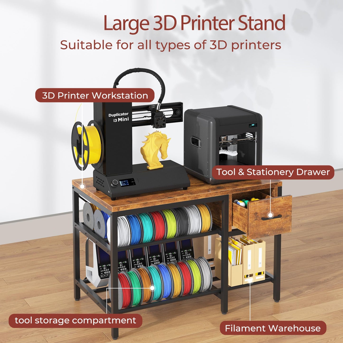 Anrigeail 3D Printer Stand with Filament Storage – Heavy Duty Metal 3D Printer Table with Drawer and Power Hub for Workshop, Studio, and Office