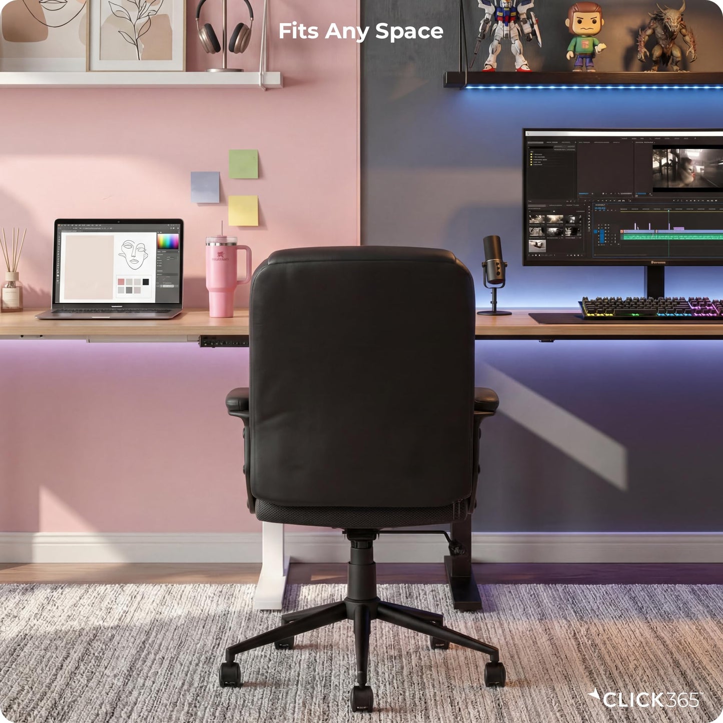 Click365 Transform 1.0 Ergonomic Office Chair, Mid Back Desk Chair with Padded Arms, Lumbar Support, Adjustable Height, Tilt Recline, Swivel Computer Chair, Bonded Leather, Black