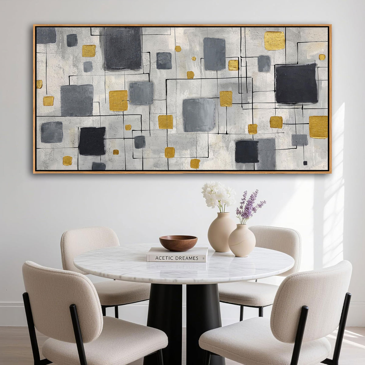 KLAKLA Neutral Decor Modern Abstract Wall Art Poster - Black Gold Gray for Living Room Bedroom Office Framed Minimalist Abstract Design 58x29 Inches